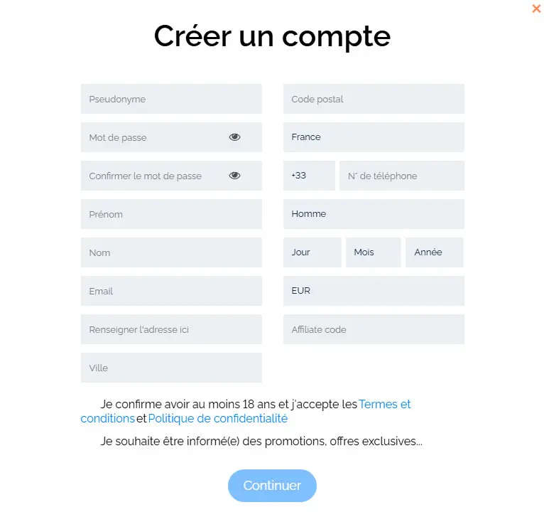 Processus d'inscription EUROPE FORTUNE CASINO